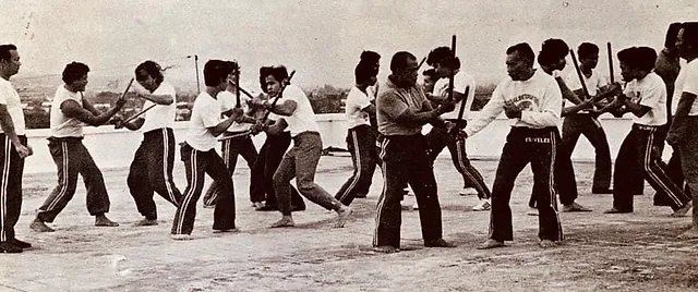 Balintawak Eskrima Arnis Kali group training. vintage training photo of Filipino Martial Arts